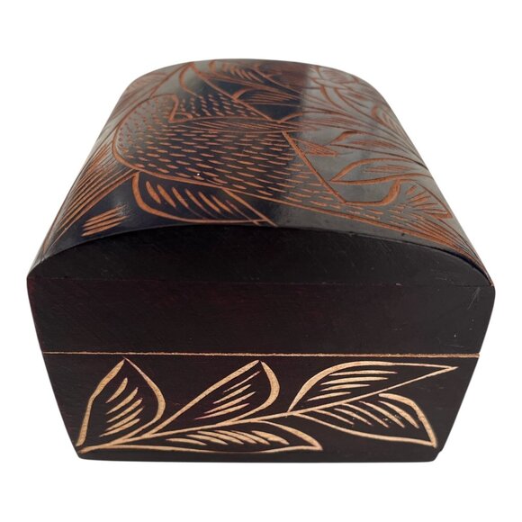 Vintage Hand-Carved Wooden Trinket Box – Floral & Bird Design – Dark Stain - Picture 4 of 6